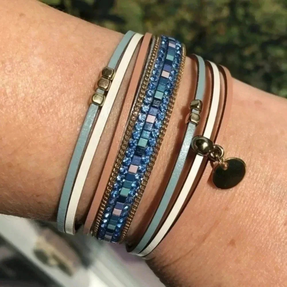 Elegant Blue Gem & Bead Leather Layered Magnetic Bracelet NWT